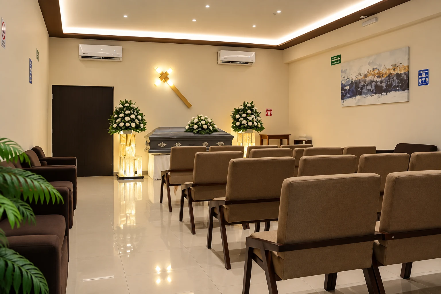 Interior de una capilla con asientos, arreglos florales y luz cálida
