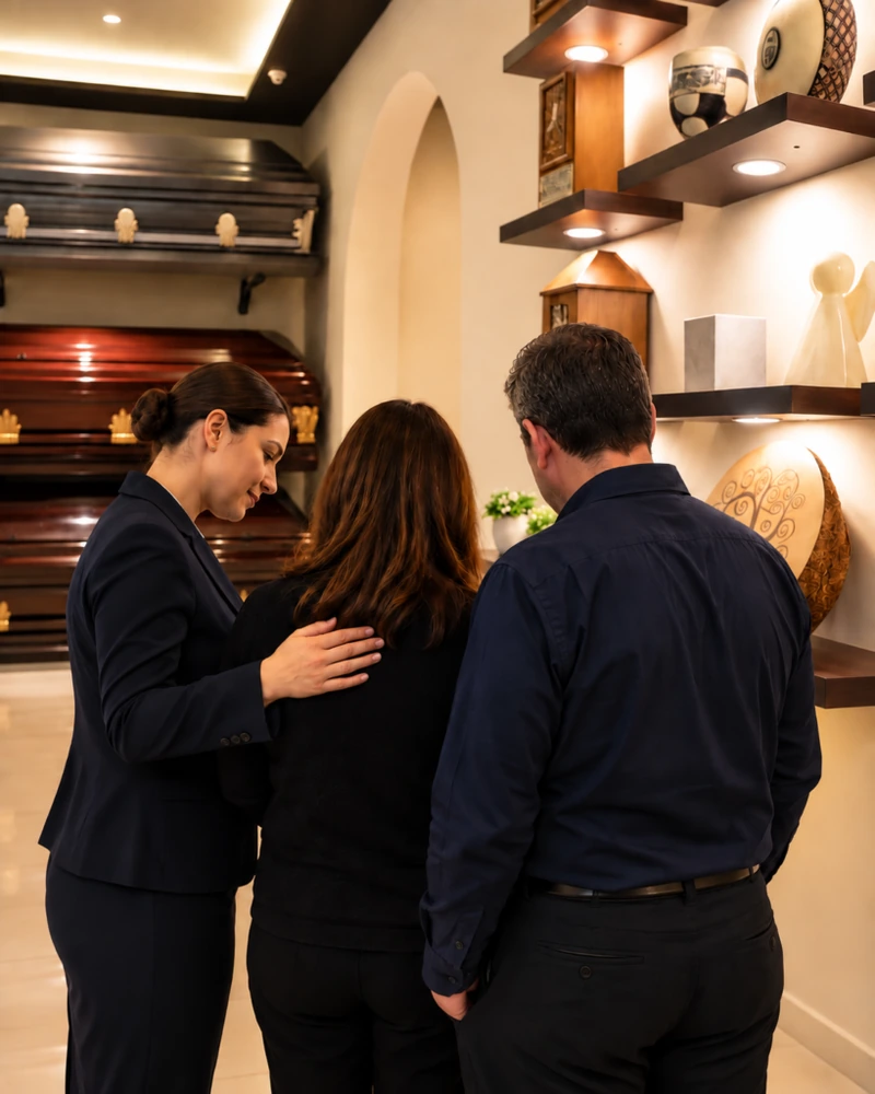 Asesor funerario orientando a una familia con atención profesional